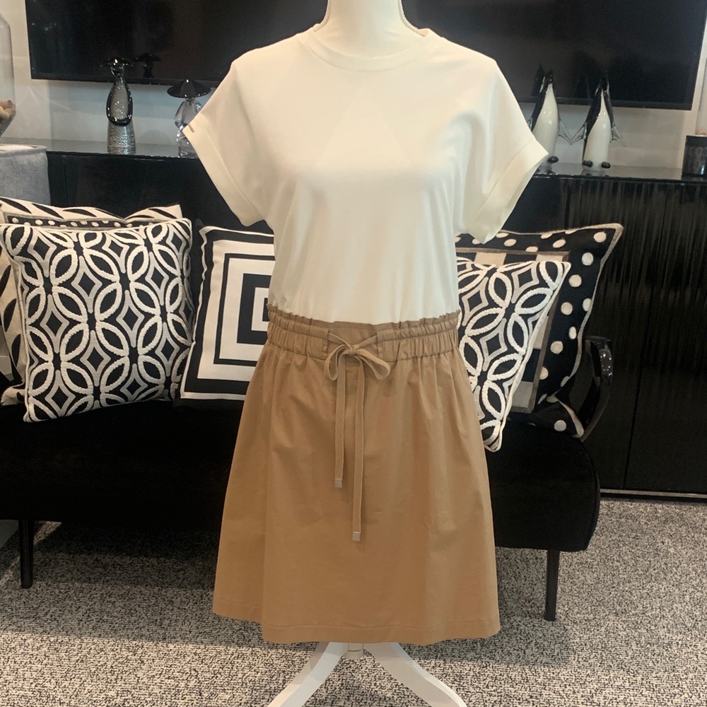 PESERICO Classic Drawstring A-Line Dress in Tan. Size 44.